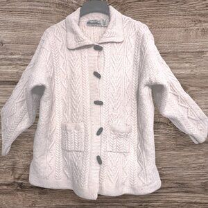 Aran Crafts Ireland Merino Wool Cardigan Coat XL Cream Cable Knit Toggle Button
